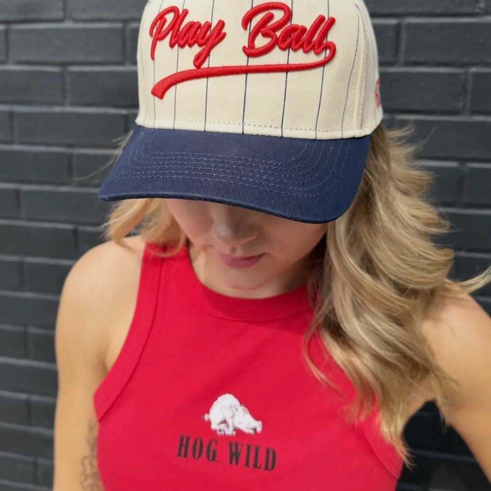 New Embroidered Play Ball Snapback Hat Cream Pinstripe Baseball hat Retro Style